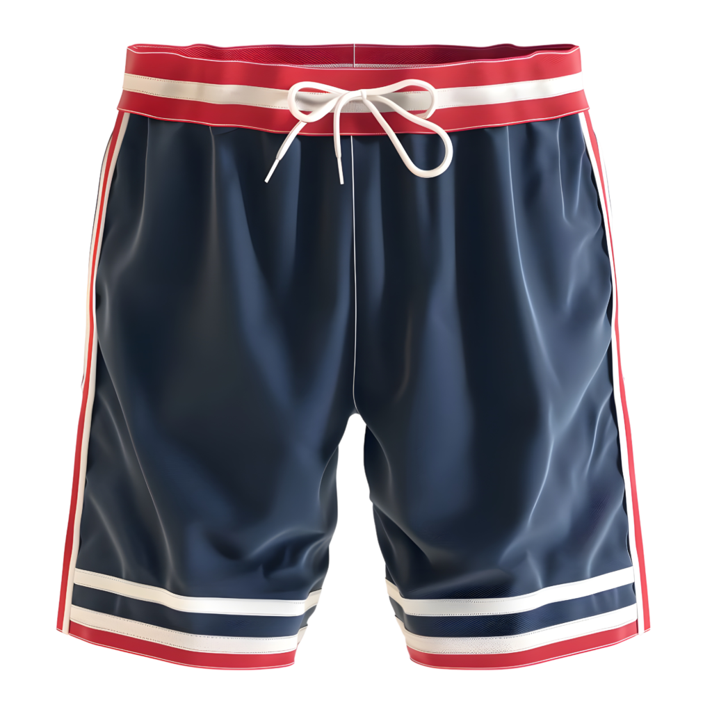 custom navy and red athletic shorts with white side stripes for wholesale sportswear production