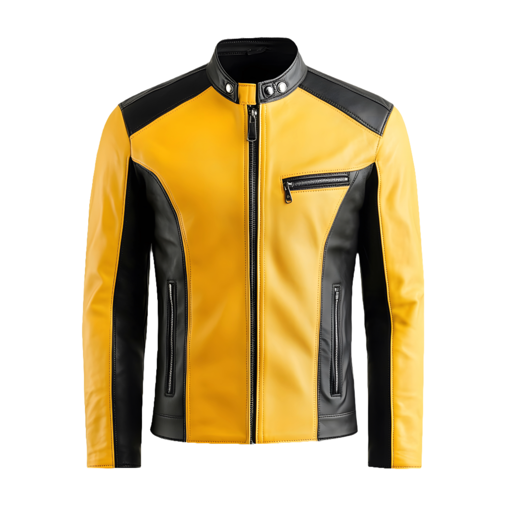custom yellow and black leather biker jacket for private label streetwear and sportswear wholesale